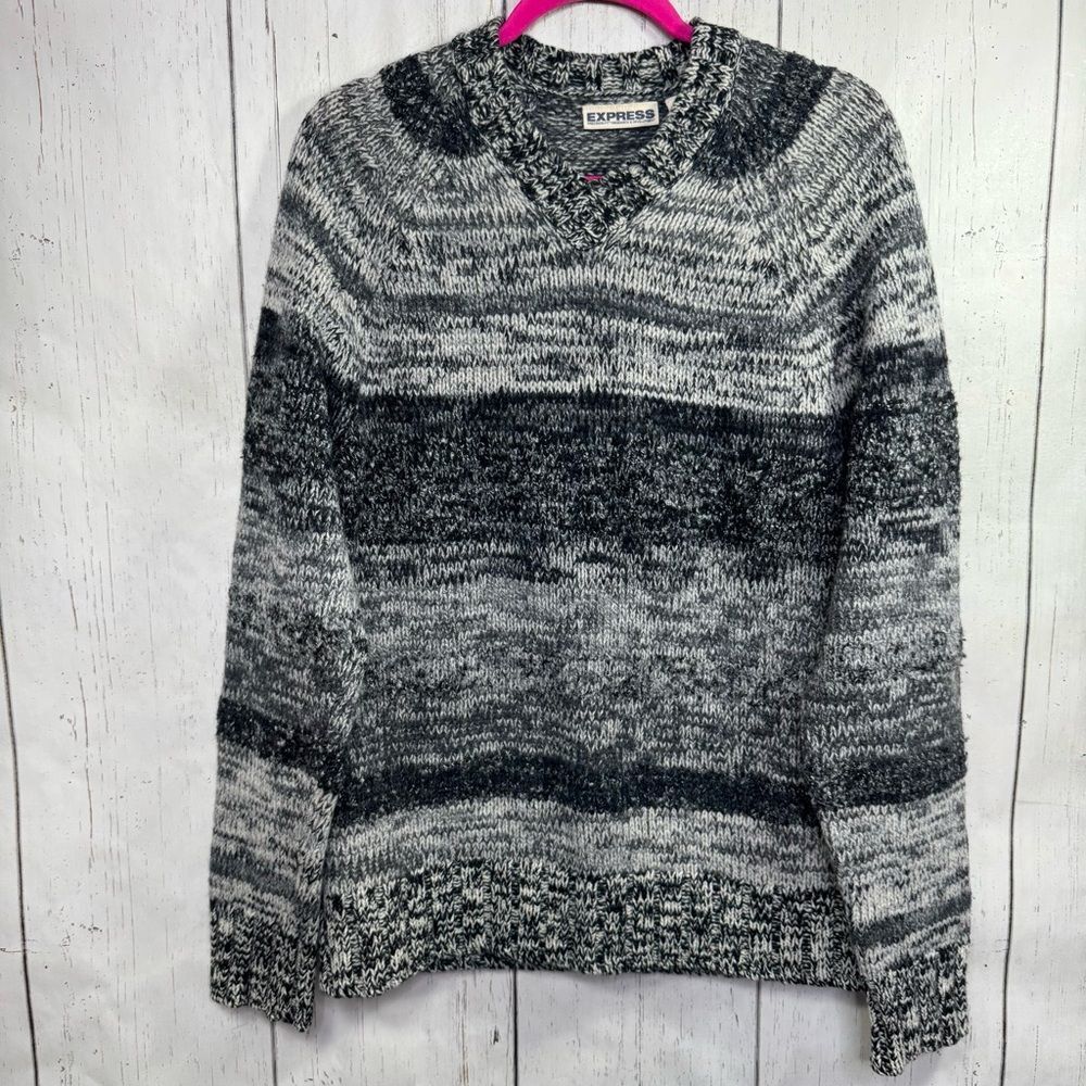 Vintage Express Mens Wool Blend Marled Gray Sweater Y2K Cozy Knit Soft Neutral